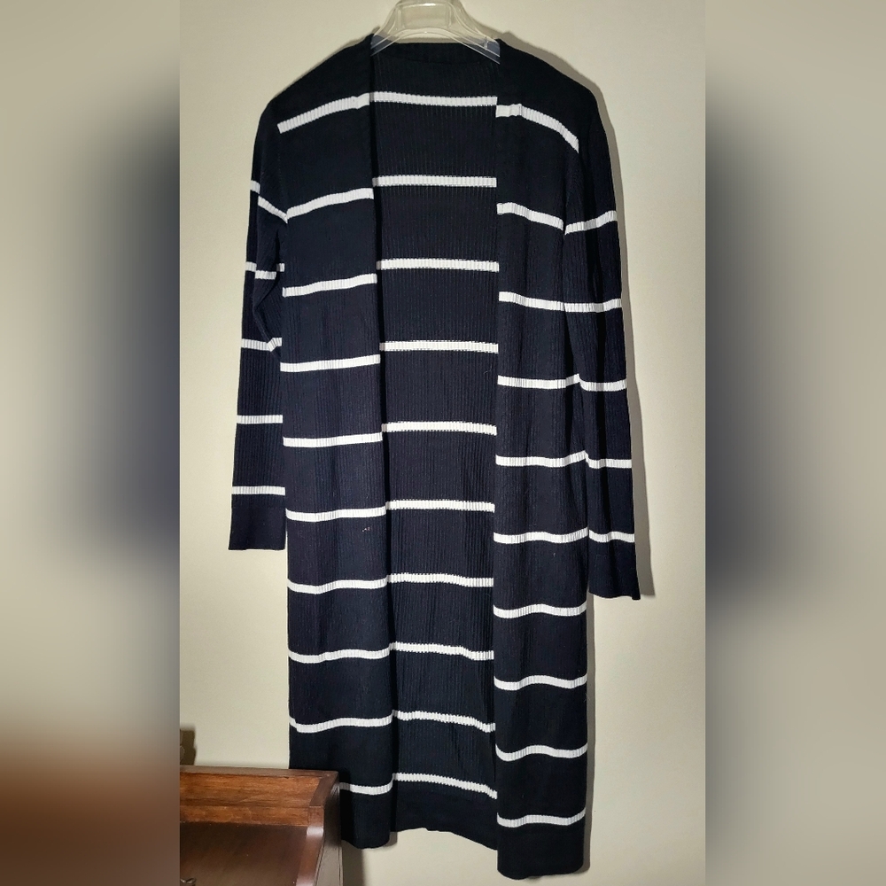 Cardydony Black and White Striped Open-Front Duster Cardigan